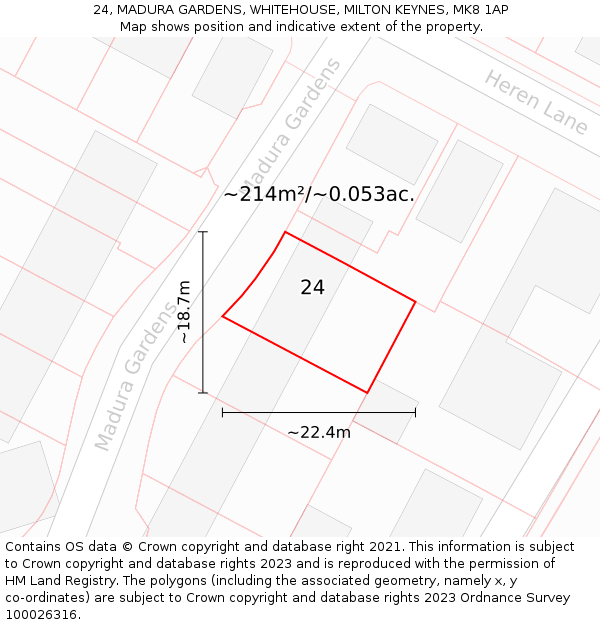 24, MADURA GARDENS, WHITEHOUSE, MILTON KEYNES, MK8 1AP: Plot and title map