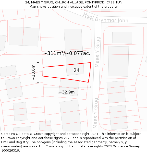 24, MAES Y GRUG, CHURCH VILLAGE, PONTYPRIDD, CF38 1UN: Plot and title map