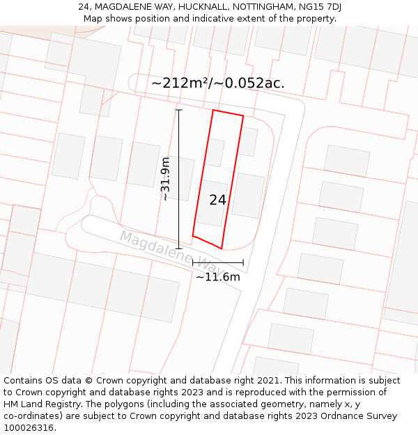 24, MAGDALENE WAY, HUCKNALL, NOTTINGHAM, NG15 7DJ: Plot and title map