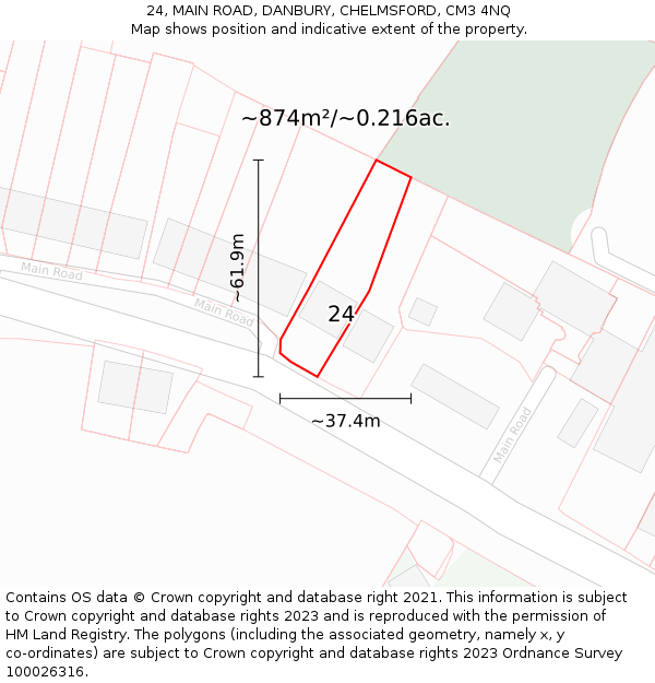 24, MAIN ROAD, DANBURY, CHELMSFORD, CM3 4NQ: Plot and title map