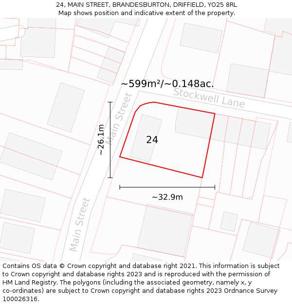 24, MAIN STREET, BRANDESBURTON, DRIFFIELD, YO25 8RL: Plot and title map