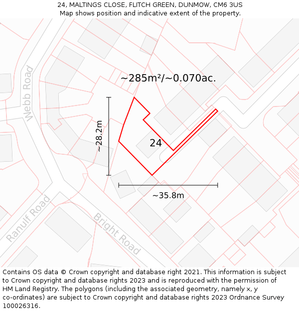 24, MALTINGS CLOSE, FLITCH GREEN, DUNMOW, CM6 3US: Plot and title map