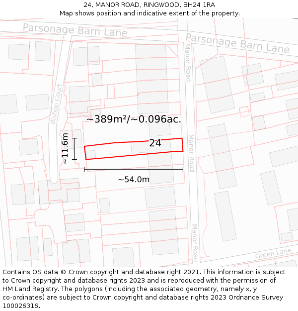 24, MANOR ROAD, RINGWOOD, BH24 1RA: Plot and title map