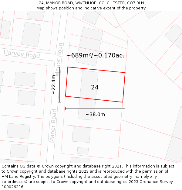 24, MANOR ROAD, WIVENHOE, COLCHESTER, CO7 9LN: Plot and title map