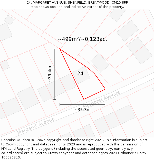24, MARGARET AVENUE, SHENFIELD, BRENTWOOD, CM15 8RF: Plot and title map