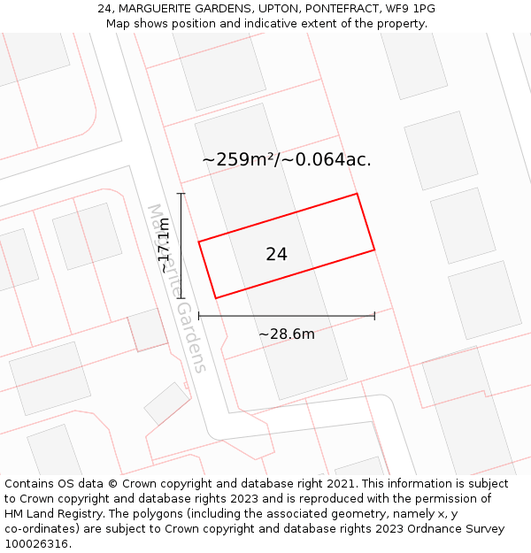 24, MARGUERITE GARDENS, UPTON, PONTEFRACT, WF9 1PG: Plot and title map