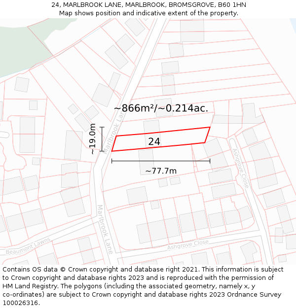 24, MARLBROOK LANE, MARLBROOK, BROMSGROVE, B60 1HN: Plot and title map