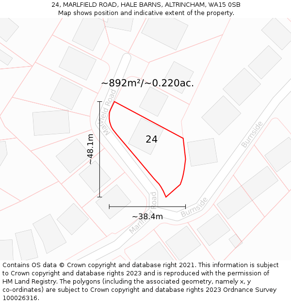 24, MARLFIELD ROAD, HALE BARNS, ALTRINCHAM, WA15 0SB: Plot and title map