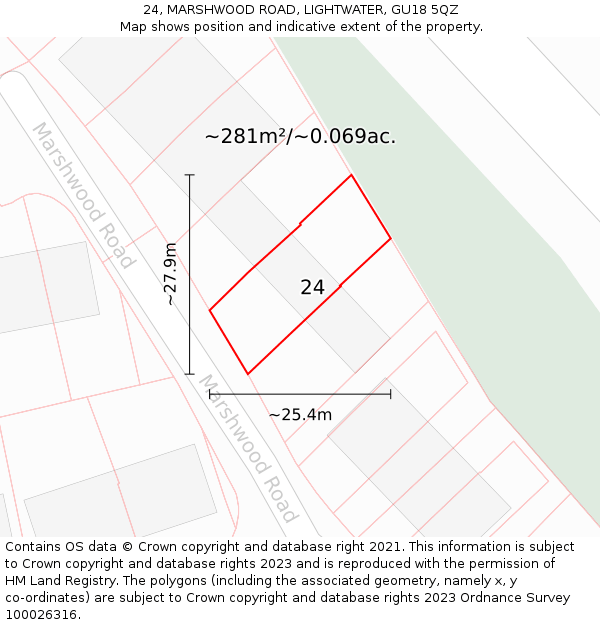 24, MARSHWOOD ROAD, LIGHTWATER, GU18 5QZ: Plot and title map