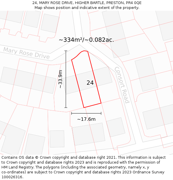 24, MARY ROSE DRIVE, HIGHER BARTLE, PRESTON, PR4 0QE: Plot and title map