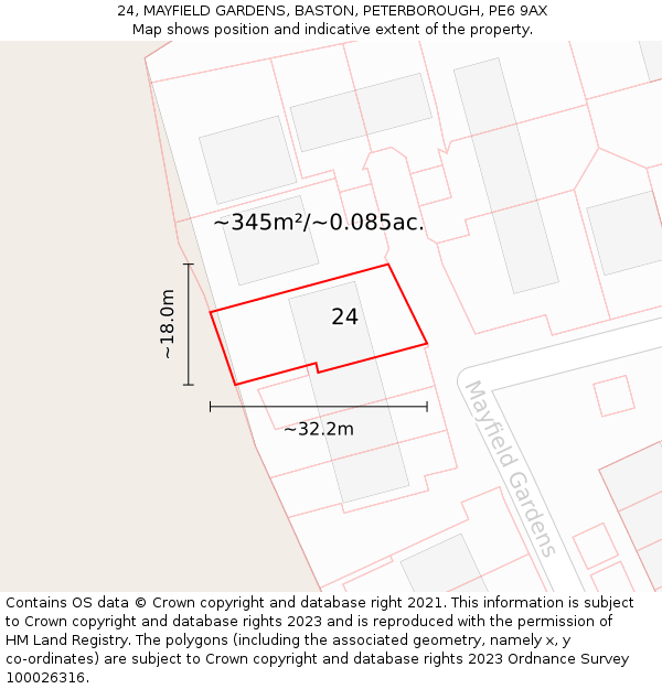 24, MAYFIELD GARDENS, BASTON, PETERBOROUGH, PE6 9AX: Plot and title map