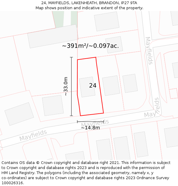 24, MAYFIELDS, LAKENHEATH, BRANDON, IP27 9TA: Plot and title map