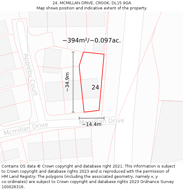 24, MCMILLAN DRIVE, CROOK, DL15 9GA: Plot and title map