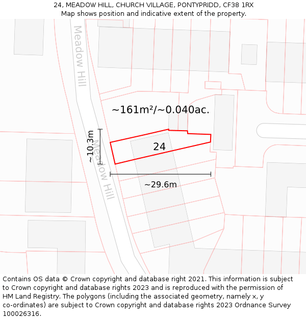 24, MEADOW HILL, CHURCH VILLAGE, PONTYPRIDD, CF38 1RX: Plot and title map