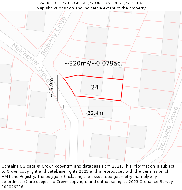 24, MELCHESTER GROVE, STOKE-ON-TRENT, ST3 7FW: Plot and title map