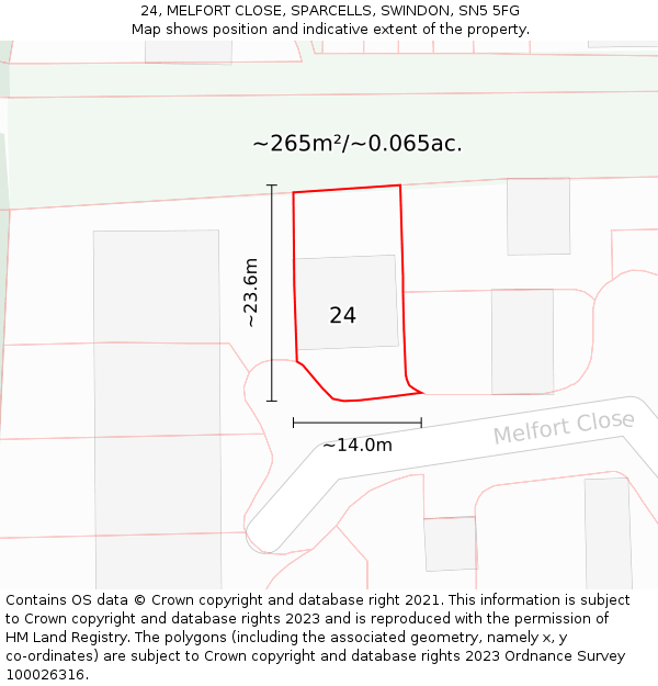 24, MELFORT CLOSE, SPARCELLS, SWINDON, SN5 5FG: Plot and title map
