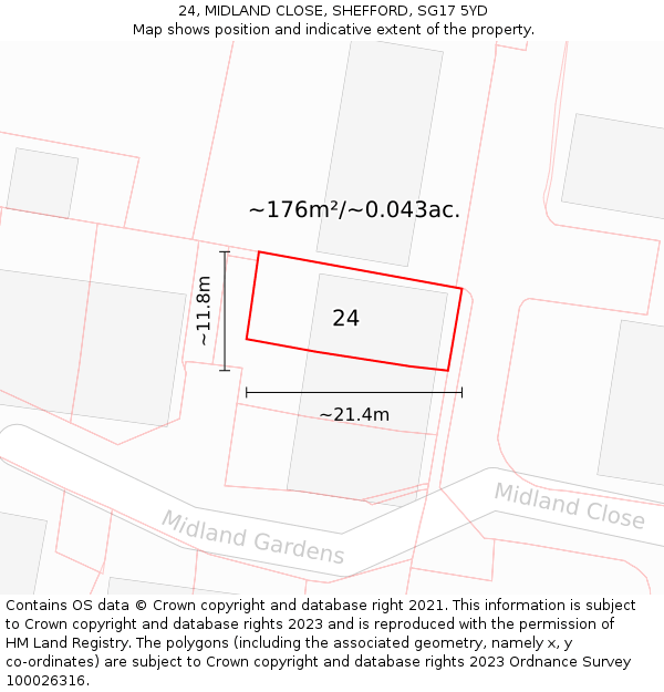 24, MIDLAND CLOSE, SHEFFORD, SG17 5YD: Plot and title map