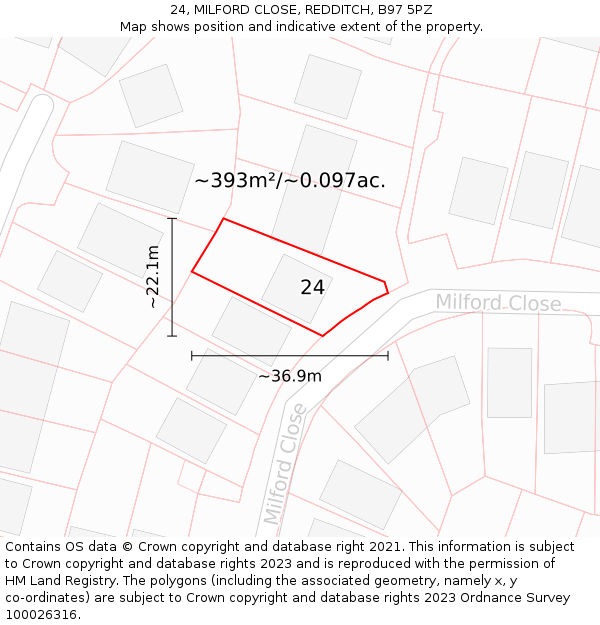 24, MILFORD CLOSE, REDDITCH, B97 5PZ: Plot and title map