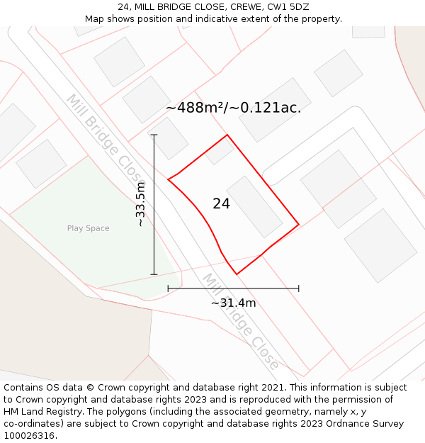 24, MILL BRIDGE CLOSE, CREWE, CW1 5DZ: Plot and title map