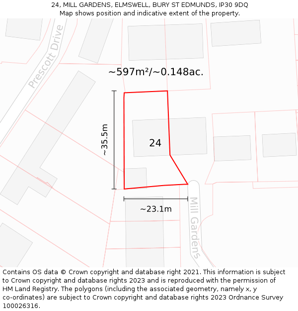 24, MILL GARDENS, ELMSWELL, BURY ST EDMUNDS, IP30 9DQ: Plot and title map