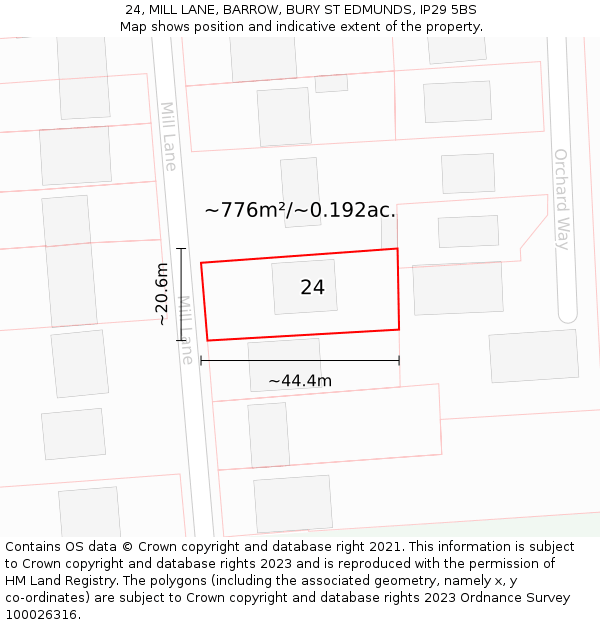 24, MILL LANE, BARROW, BURY ST EDMUNDS, IP29 5BS: Plot and title map