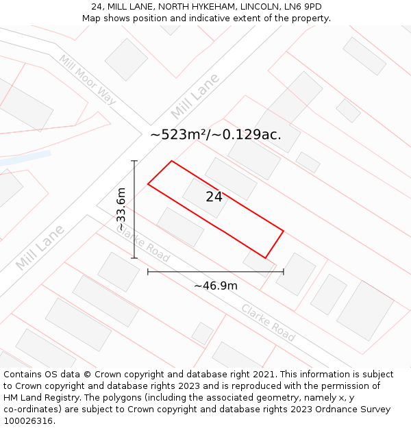 24, MILL LANE, NORTH HYKEHAM, LINCOLN, LN6 9PD: Plot and title map