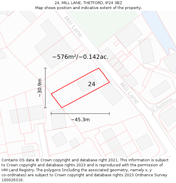 24, MILL LANE, THETFORD, IP24 3BZ: Plot and title map