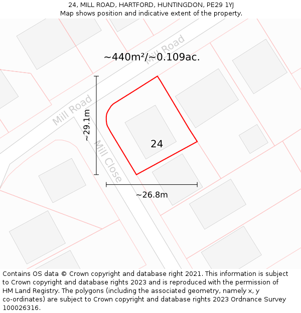 24, MILL ROAD, HARTFORD, HUNTINGDON, PE29 1YJ: Plot and title map