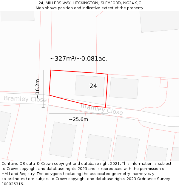 24, MILLERS WAY, HECKINGTON, SLEAFORD, NG34 9JG: Plot and title map