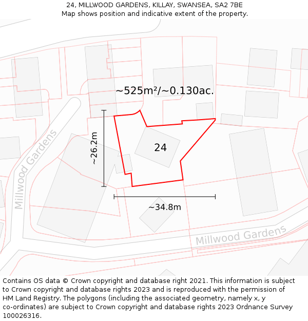 24, MILLWOOD GARDENS, KILLAY, SWANSEA, SA2 7BE: Plot and title map