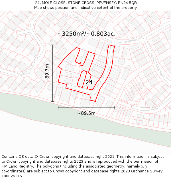 24, MOLE CLOSE, STONE CROSS, PEVENSEY, BN24 5QB: Plot and title map