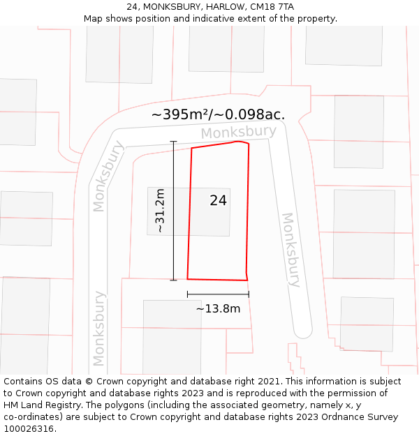 24, MONKSBURY, HARLOW, CM18 7TA: Plot and title map