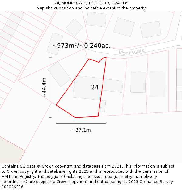 24, MONKSGATE, THETFORD, IP24 1BY: Plot and title map