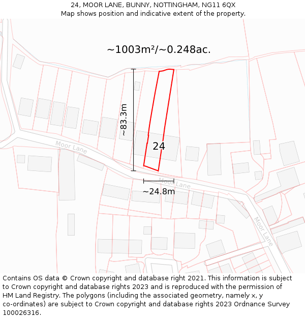 24, MOOR LANE, BUNNY, NOTTINGHAM, NG11 6QX: Plot and title map