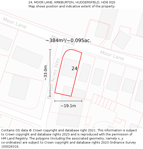 24, MOOR LANE, KIRKBURTON, HUDDERSFIELD, HD8 0QS: Plot and title map