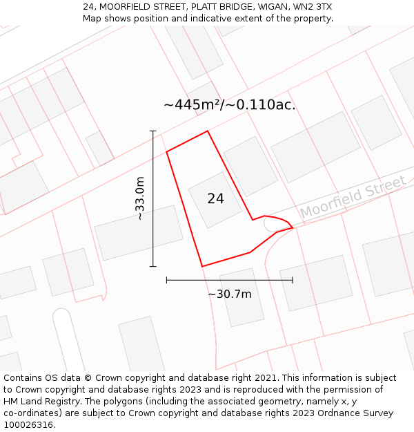 24, MOORFIELD STREET, PLATT BRIDGE, WIGAN, WN2 3TX: Plot and title map