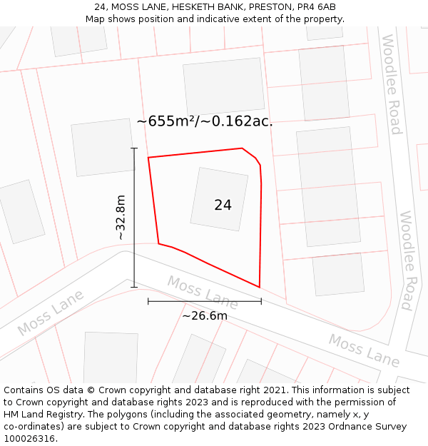 24, MOSS LANE, HESKETH BANK, PRESTON, PR4 6AB: Plot and title map