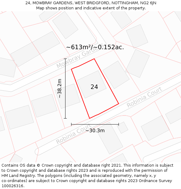 24, MOWBRAY GARDENS, WEST BRIDGFORD, NOTTINGHAM, NG2 6JN: Plot and title map