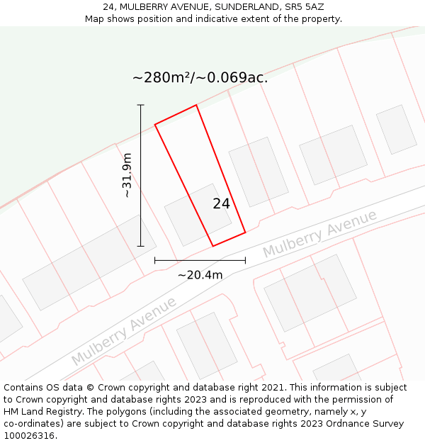 24, MULBERRY AVENUE, SUNDERLAND, SR5 5AZ: Plot and title map