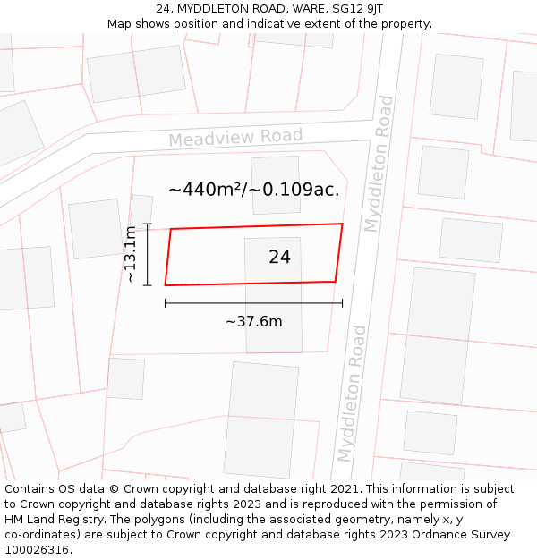 24, MYDDLETON ROAD, WARE, SG12 9JT: Plot and title map