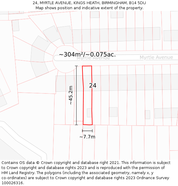 24, MYRTLE AVENUE, KINGS HEATH, BIRMINGHAM, B14 5DU: Plot and title map