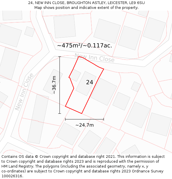 24, NEW INN CLOSE, BROUGHTON ASTLEY, LEICESTER, LE9 6SU: Plot and title map