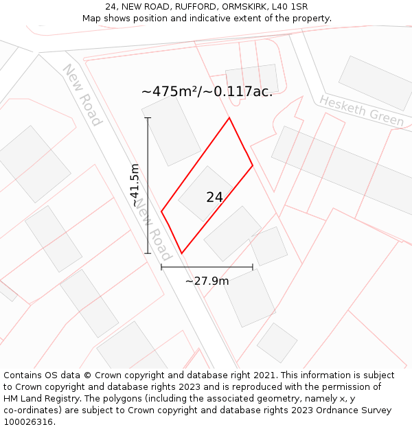 24, NEW ROAD, RUFFORD, ORMSKIRK, L40 1SR: Plot and title map