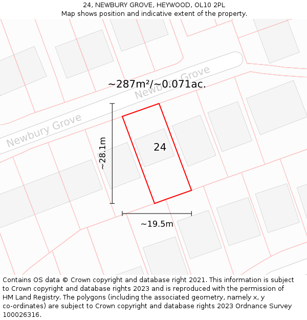 24, NEWBURY GROVE, HEYWOOD, OL10 2PL: Plot and title map