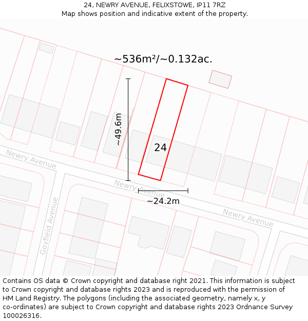 24, NEWRY AVENUE, FELIXSTOWE, IP11 7RZ: Plot and title map