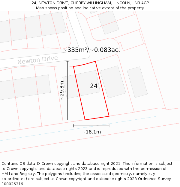 24, NEWTON DRIVE, CHERRY WILLINGHAM, LINCOLN, LN3 4GP: Plot and title map