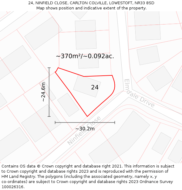 24, NINFIELD CLOSE, CARLTON COLVILLE, LOWESTOFT, NR33 8SD: Plot and title map