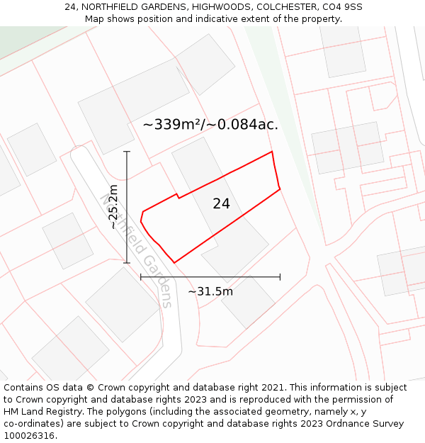 24, NORTHFIELD GARDENS, HIGHWOODS, COLCHESTER, CO4 9SS: Plot and title map