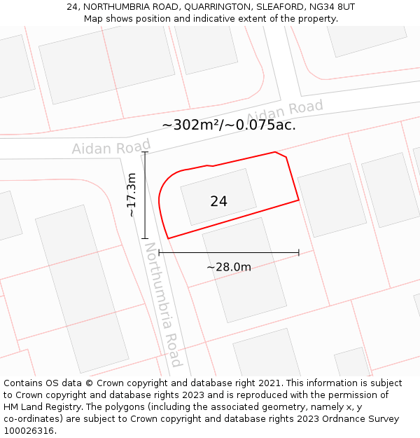 24, NORTHUMBRIA ROAD, QUARRINGTON, SLEAFORD, NG34 8UT: Plot and title map