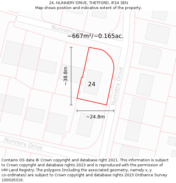 24, NUNNERY DRIVE, THETFORD, IP24 3EN: Plot and title map